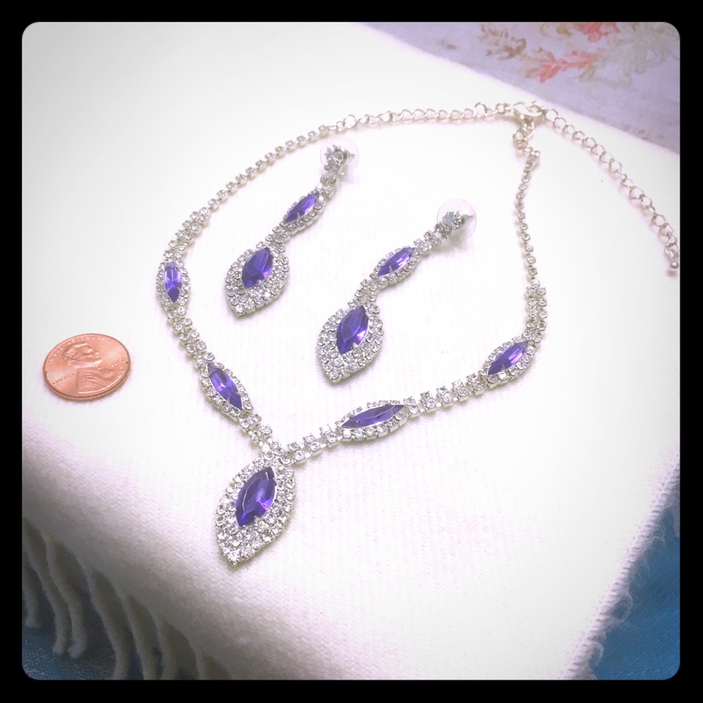 Purple Rhinestone Necklace Earring Set J-117